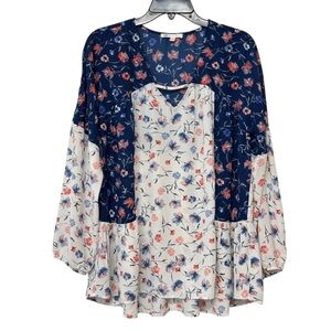 DR2 White & Blue Floral Peasant‎ Blouse Peplum Long Blouson Sleeve Open V-Neck M